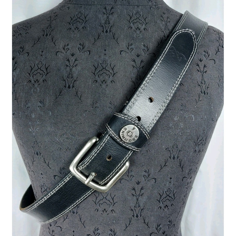 Browning Black Leather Belt Double Stitching Silver Frame Buckle‎ Size 1.5"x40"